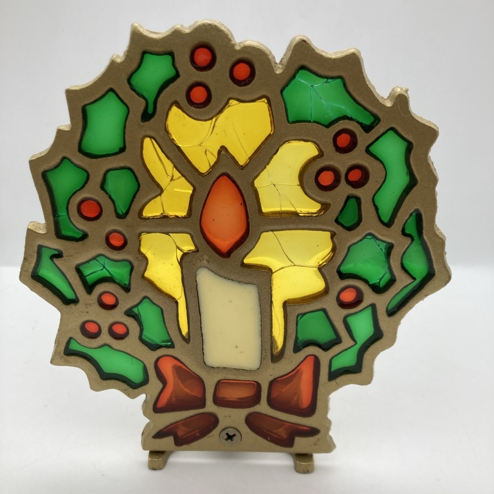 Vintage STAINED GLASS Cast Iron Wreath CANDLE HOLDER MCM 70s Christmas - Picture 5 of 11
